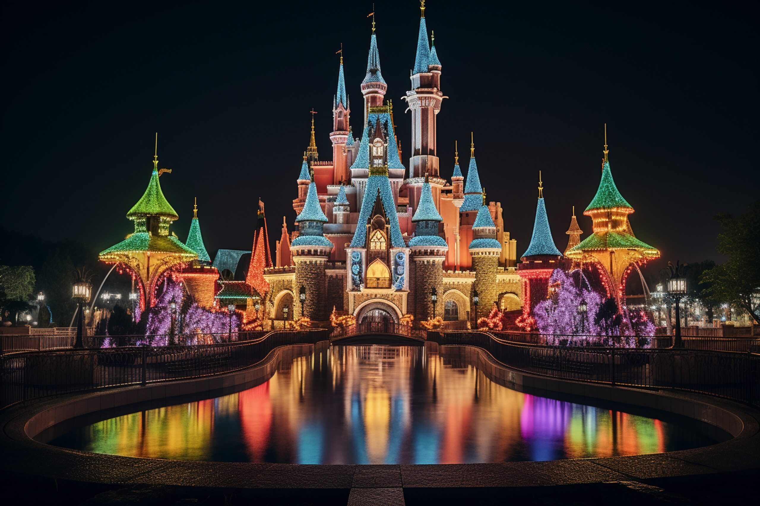 Château illuminé d’un parc de loisirs pour sortie de groupe