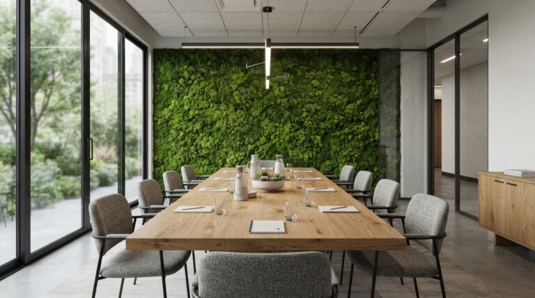 Salle de réunion moderne avec grande table et mur végétal pour accueil de groupes